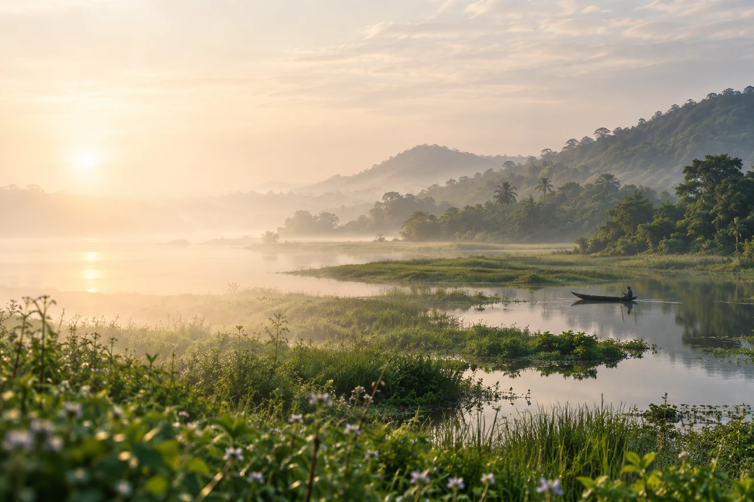 An illustrative lagoon landscape with lush greenery in the soft morning light