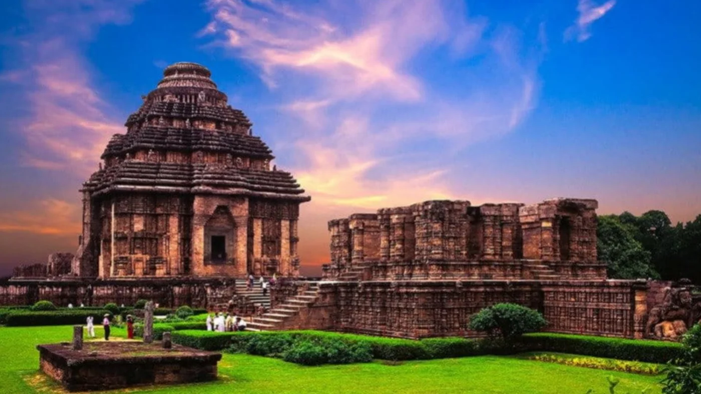 Historic temple architecture against an evening sky